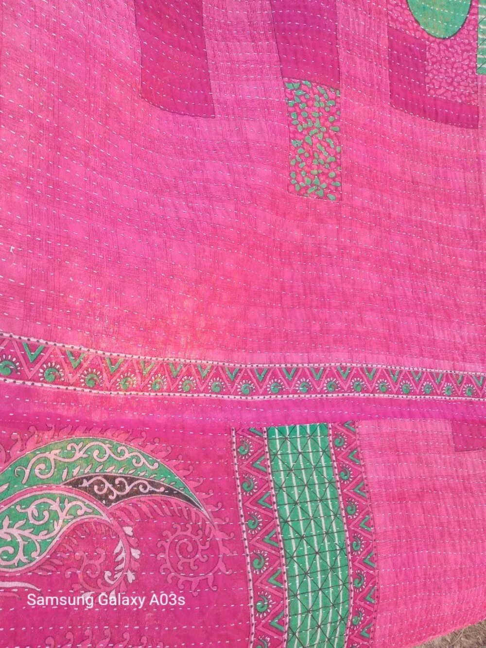 Kantha Quilt Hot Pink Green Premium 3 Layer Cotton Handmade In India K169.